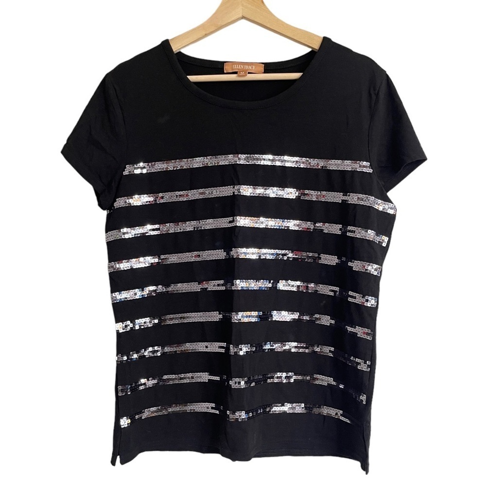 Ellen‎ Tracy Black Sequin Stripe Short Sleeve Crew Neck T-Shirt Top